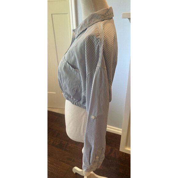 Love Tree 100% Cotton Blue White Striped Top Blouse Elastic Cropped Waist Size L - Picture 7 of 10